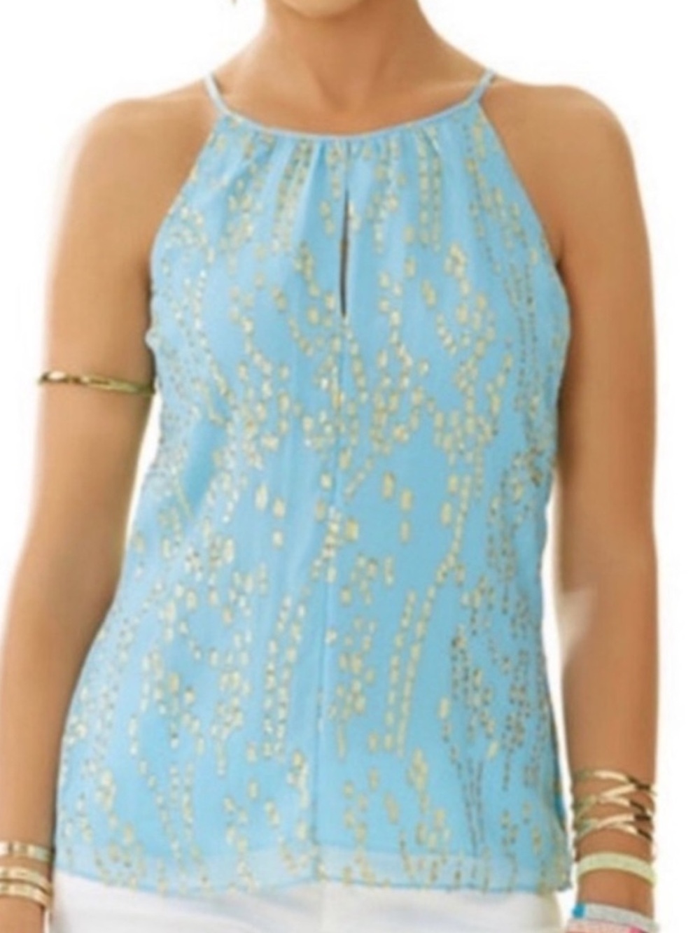Lilly Pulitzer Sequin Blue Del Mar Halter Top Silk Sky Blue and Gold